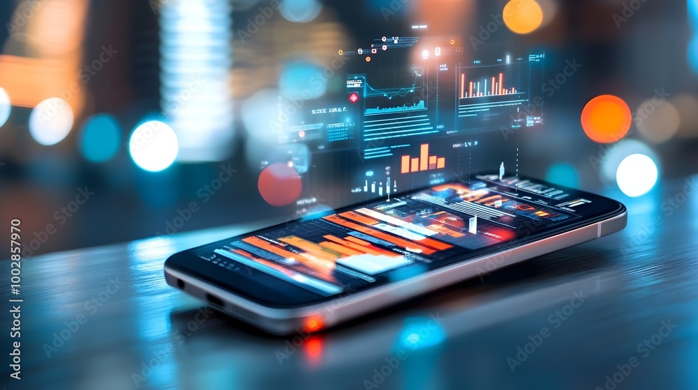 Poster Smartphone screen displaying a futuristic holographic interface with floating charts graphs and data visualization tools for digital business analytics and strategy planning