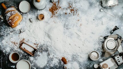 Soft warm lighting illuminates a homely countertop scene covered in spilled baking ingredients like breadcrumbs coffee grounds and sugar  The messy cluttered texture creates a cozy lived in feel