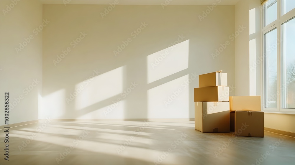Aufkleber Spacious and tranquil empty living room with nothing but a few boxes in the corner sunlight casting long shadows across the floor and walls through the large windows creating a minimalist modern