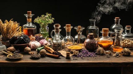 a witches potion table full of strange ingredients as told in fairy tales on a wooden table for making spells. Black Background and exotic ingredients