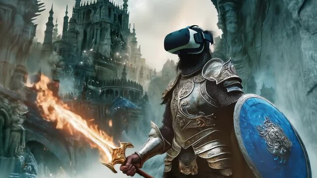 Indian guy wearing a virtual reality helmet, in a fantasy medieval world, dressed in medieval legendary armor