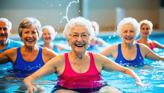 senior woman in a bright pink swimsuit, standing out among others in blue and red swimwear