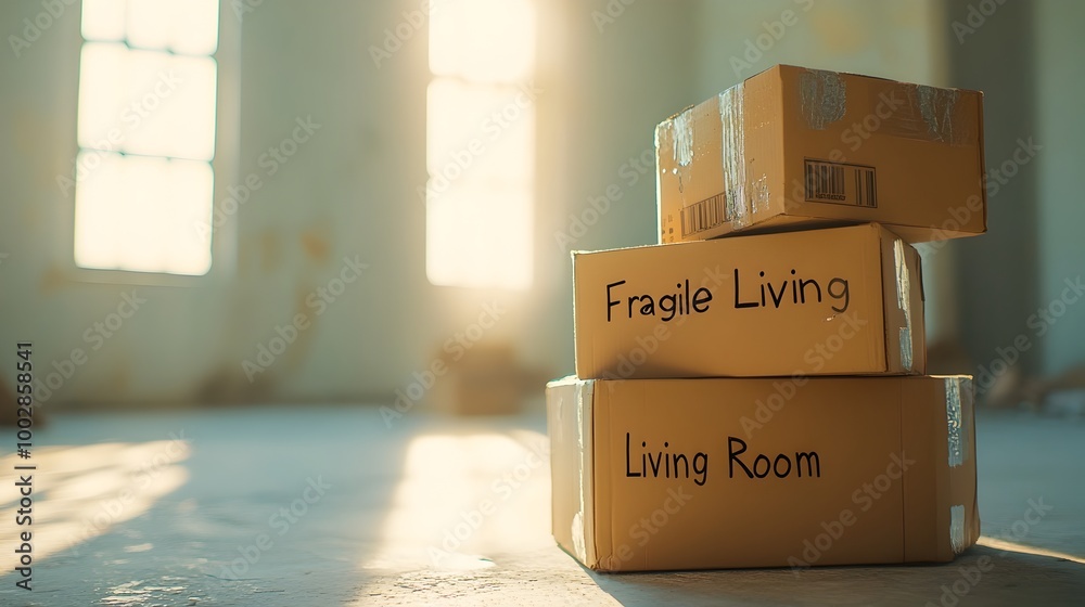 Poster Stacked cardboard boxes labeled  Fragile  and  Living Room  stand in an empty sunlit room with light streaming through the windows creating a minimalist organized and abstract interior scene