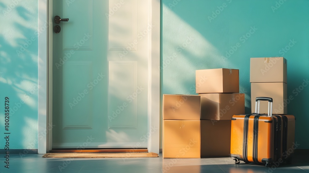 Poster Suitcase and moving boxes stacked by the front door with light coming through the open door and casting shadows on the floor signifying a move or relocation