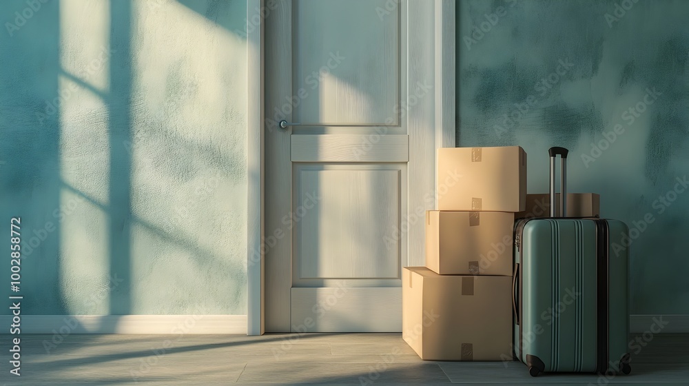 Aufkleber Suitcase and stacked moving boxes placed by an open front door with bright natural light streaming in and casting dynamic shadows on the floor suggesting a transition or relocation process