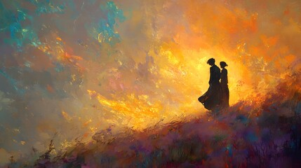 Silhouetted Couple Embracing Under a Dramatic Sunset Sky