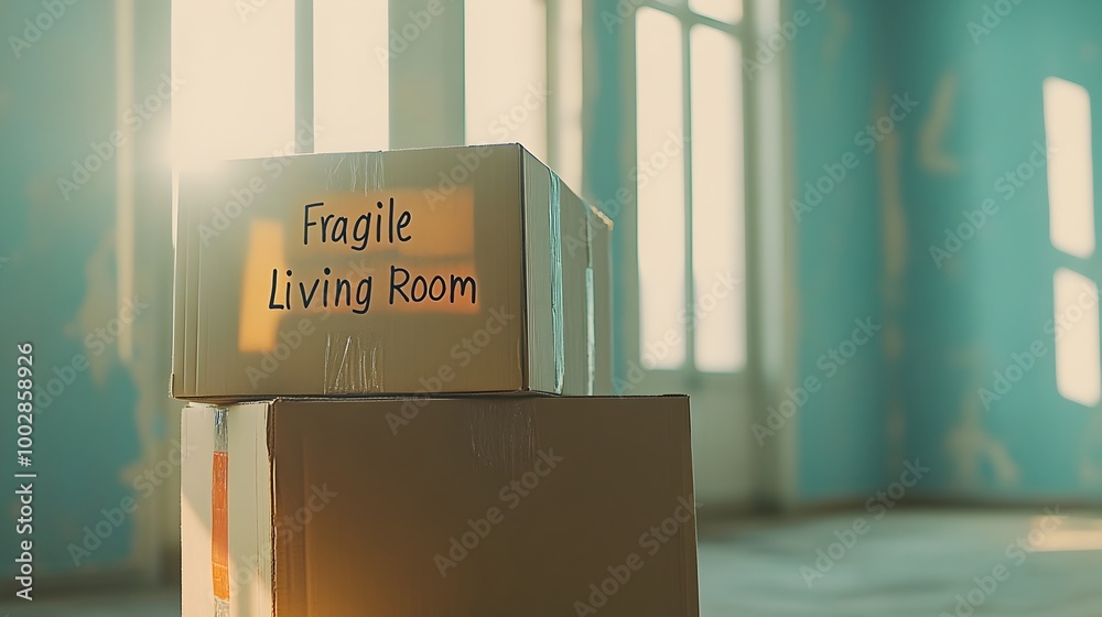 Aufkleber sunlit cardboard boxes labeled fragile and living room awaiting placement in an empty minimalist int