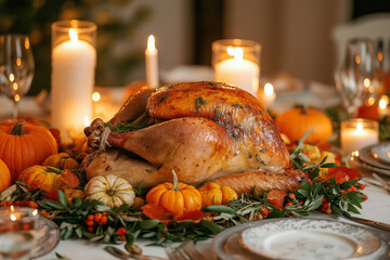 A beautifully set Thanksgiving dinner table, with a roasted turkey as the centerpiece. The table is adorned with fall-themed decorations