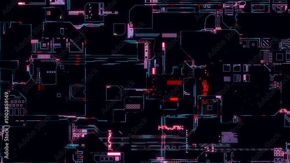 Poster printed circuit board. visualization of printed circuit board processor chip, digitalization of neur