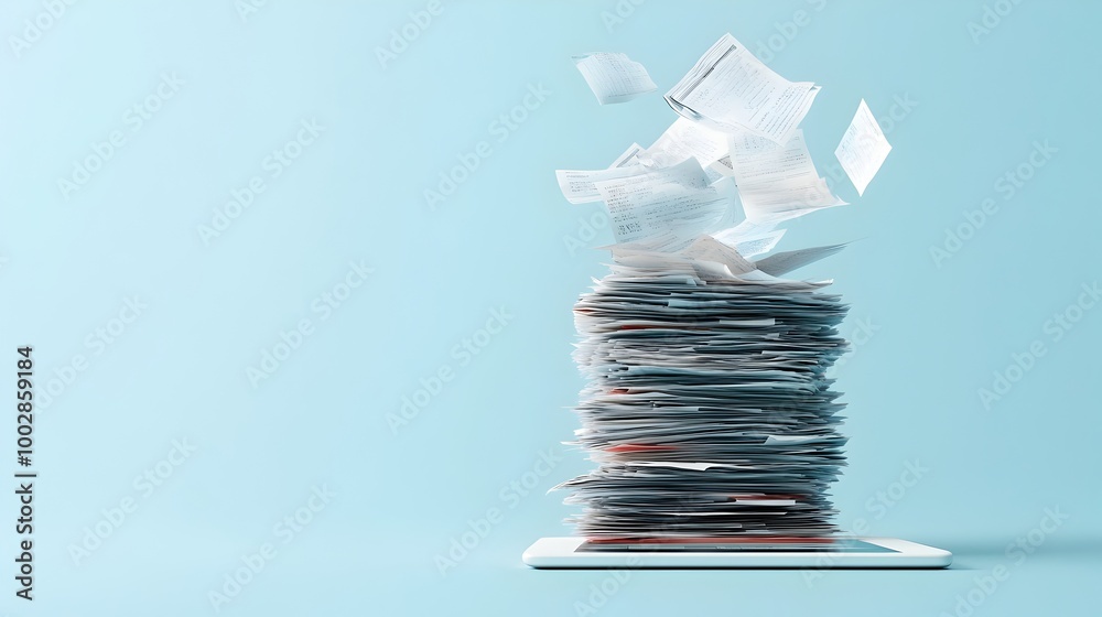 Poster symbolic image depicting the transition from physical paperwork to digital business on a tablet devi