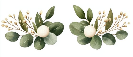 Naklejka premium Elegant botanical composition featuring green leaves and delicate white berries, perfect for decoration and floral designs.