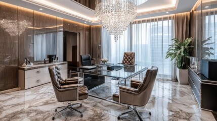 Fototapeta premium Luxurious office space with a sleek glass desk, designer furniture, and a crystal chandelier overhead. Rich textures and marble flooring enhance the elegance of the environment.