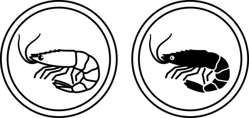 Labels Shrimp. Black And White Vector Icons. Seafood. Cat's Food Properties. Sticker for Food Packaging