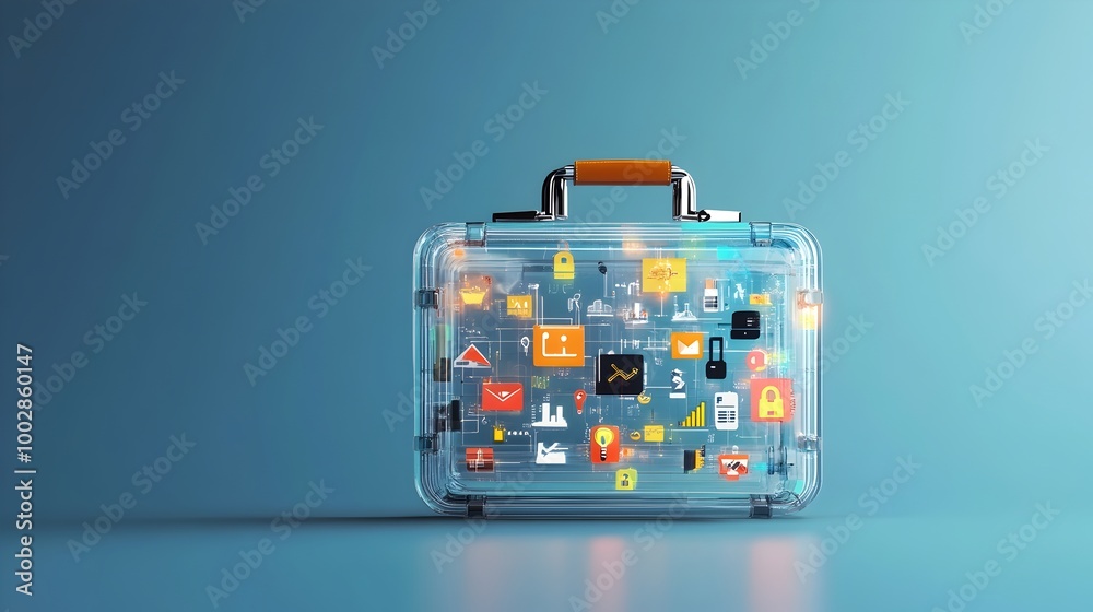 Poster transparent glass businessman s briefcase filled with colorful icons of various business tools and t