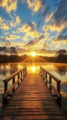 Obraz premium A wooden bridge spans a body of water