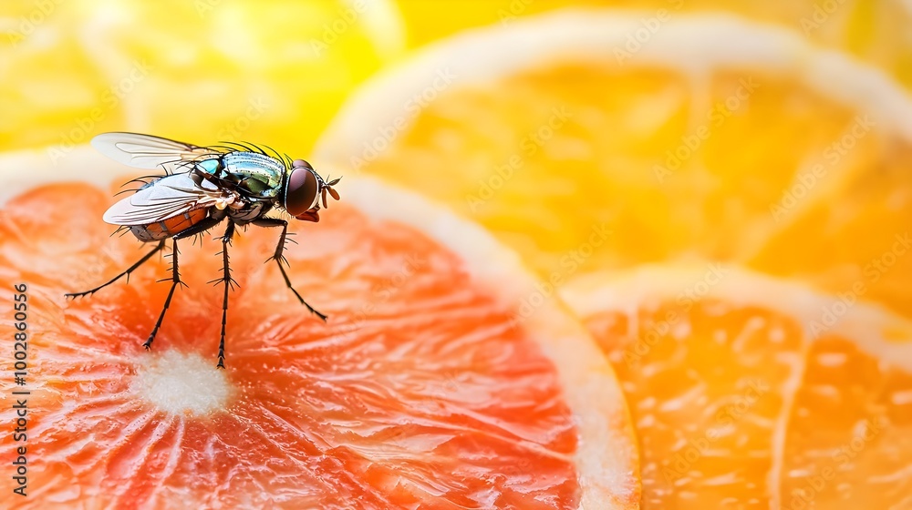 Aufkleber Vibrant Fruit Slices in Bright Daylight with a Fly Resting on the Plate Creating a Captivating Still Life with Striking Color Contrast and Texture