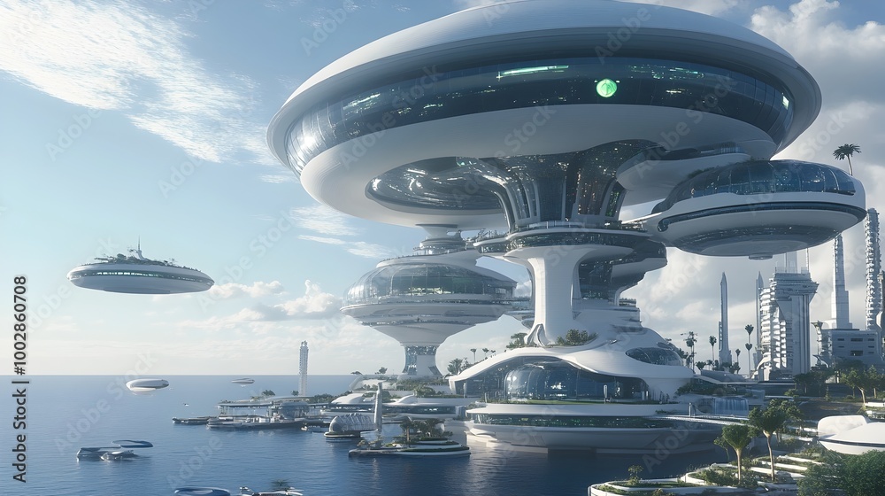 Poster Visionary depiction of a futuristic metropolitan area that utilizes water as the primary energy source featuring hydro powered buildings infrastructure and systems that enable a sustainable