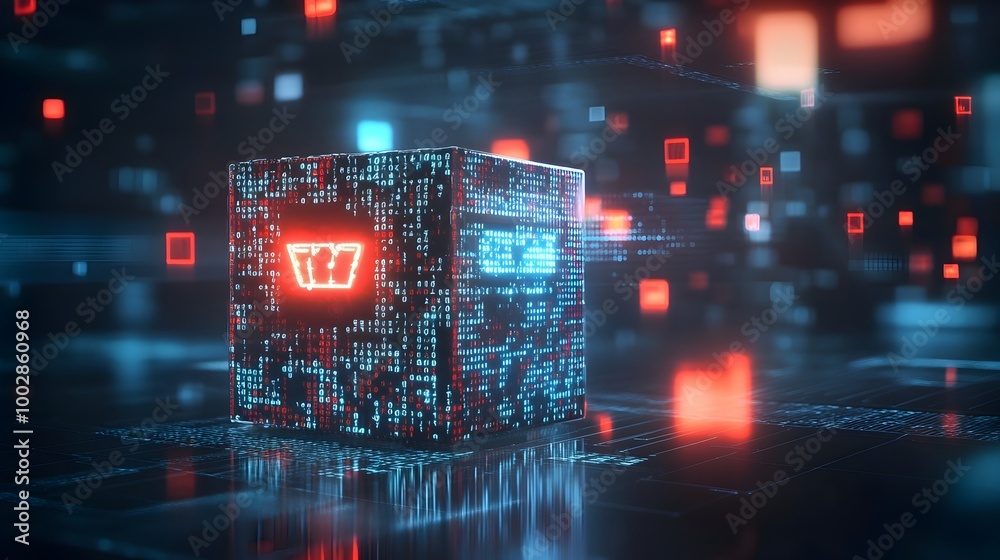 Poster Visually captivating abstract design featuring a product box made of binary code adorned with digital sale tags and glowing percentages