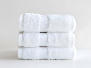 Stack of Soft White Fluffy Towels on Minimalist Background