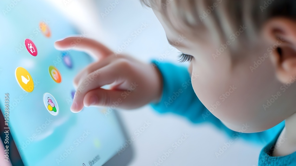 Poster young child s hand reaches out to engage with educational touchscreen application designed to suppor