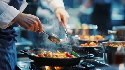 A chef skillfully stirs colorful vegetables in a sizzling pan, creating a flavorful dish amidst a busy kitchen atmosphere.