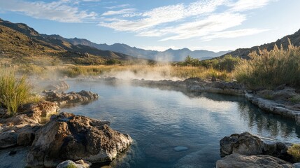 Tranquil hot springs surrounded by rocky terrain, with steam rising into the cool air. Visitors relax in the natural thermal pools, enjoying the healing properties.
