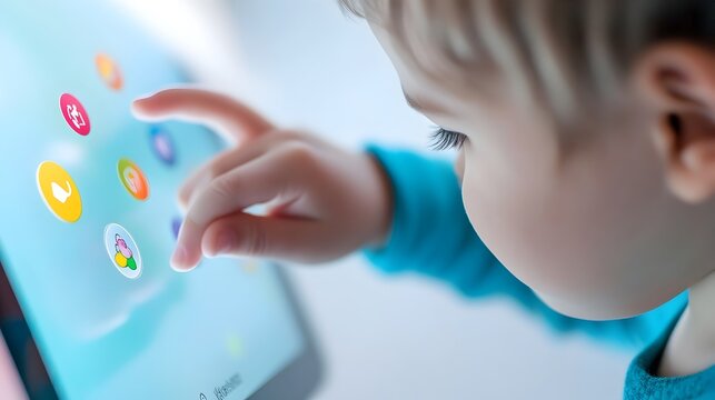 Young child s hand reaches out to engage with educational touchscreen application designed to support learning and development for children with autism spectrum disorder