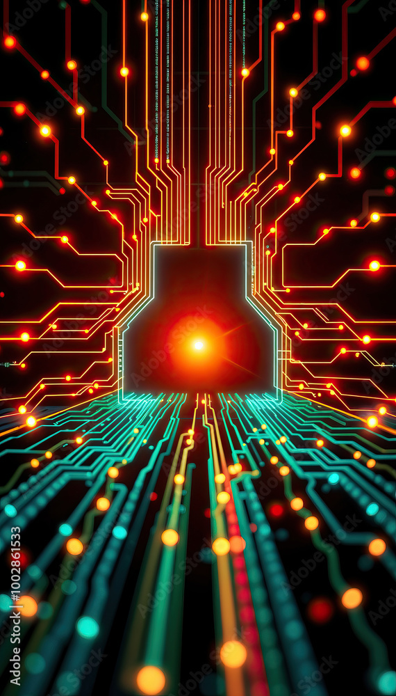 Poster abstract glowing circuitry glowing orange and blue lights leading to central processing orb advance technolgy background vertical format