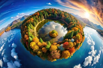 A floating planet with autumn trees and a lake Aerial view