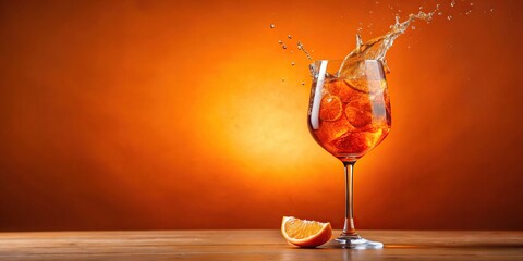 A glass of Aperol Spritz with splashes on an orange background
