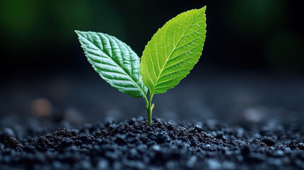 A vibrant green plant emerges from rich dark soil, symbolizing growth and renewal in nature. This close-up captures the essence of life and vitality