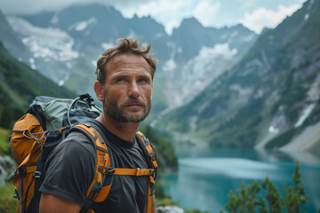 Portrait of handsome guy hiking around Swiss Alps. 