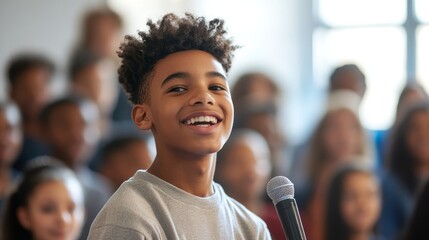 A joyful youth speaks confidently into a microphone, engaging an attentive audience in a vibrant, lively atmosphere.
