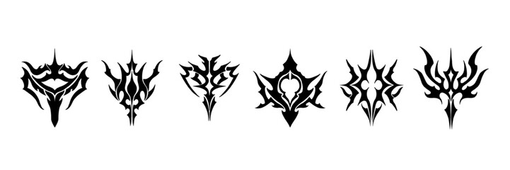 Futuristic y2k icon set, vector neo tribal tattoo, modern cyber sign space alien black collection. Gothic organic ornament logo, modern abstract shape streetwear print, sci-fi badge. Futuristic tattoo