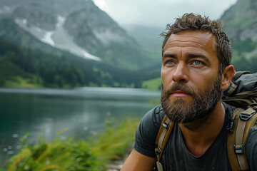 Portrait of handsome guy hiking around Swiss Alps. 