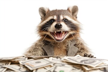 A joyful raccoon in a suit surrounded by heaps of cash on a white background, looking exceptionally happy.