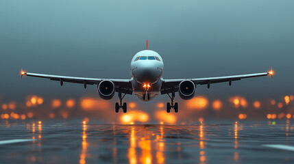 A commercial passenger plane is taking off from the airport. bright weather ,focus cover all object.
