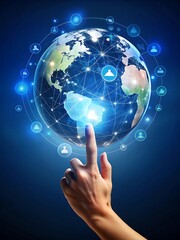 Fototapeta premium Main touchant le globe avec des icônes de personnes holographiques, concept de connexion numérique