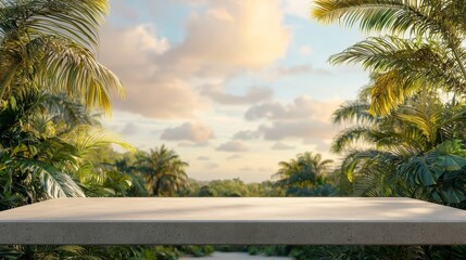 Fototapeta premium Concrete Tabletop with Palm Trees and Sky Background, tropical, nature