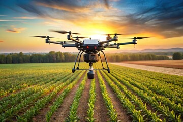 a high angle view of a drone flying over a green field with lush crops below