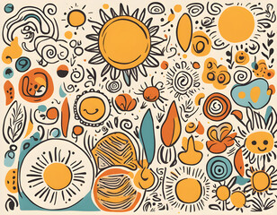 Fototapeta premium Abstract hand drawn doodle sunshine shapes in trendy childishly background