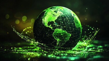 Glowing Green Earth with Digital Network Lines, Global Network, Digital World