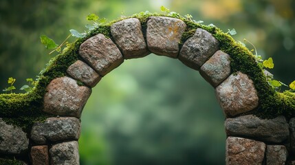 A stone arch with moss growing along the edges, framed by trees and vines, moss and stone, ancient gateway concept