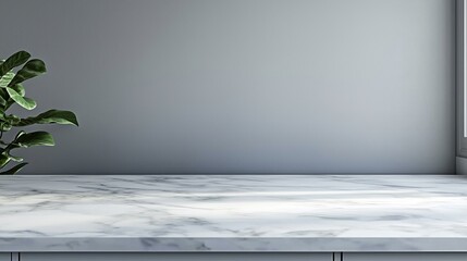 Fototapeta premium Minimalist Marble Countertop with Grey Wall and Plant, product display , mock up , countertop , mock up , background , minimal