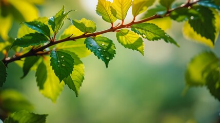 Obraz premium Close-up macro shot of a lush green leaf with a water droplet glistening on its surface. Vibrant foliage and blurred background create a serene, natural atmosphere.