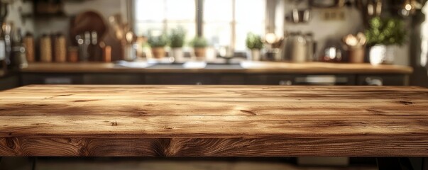 Rustic Wooden Tabletop in Blurred Kitchen Background, Tabletop, Kitchen