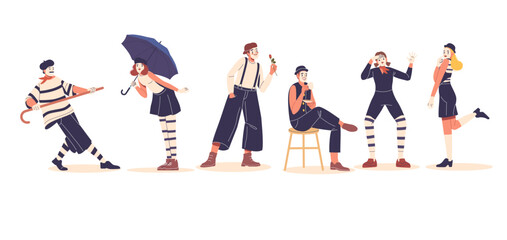 Mimes Characters Engaging in Playful Poses With Props Display Unique Expressions and Vibrant Costumes