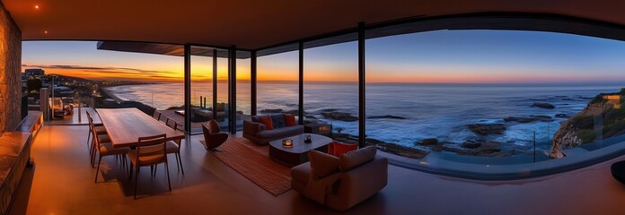 Fototapeta premium A beautiful ocean view with a large open living room with a dining table