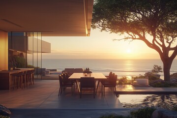 Fototapeta premium beach, sea, chair, table, sunset, ocean, sky, chairs, 