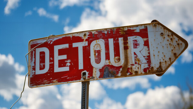 a funny interpretation of a traffic sign with the text "DETOUR" on it